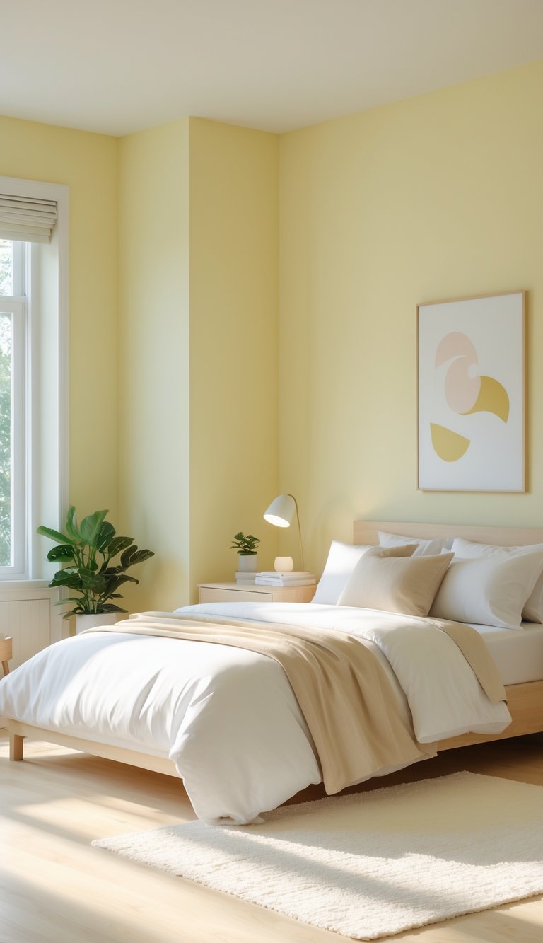 A bedroom with soft pastel yellow walls, a neatly made bed, wooden furniture, and natural sunlight creating a calm and cozy atmosphere.