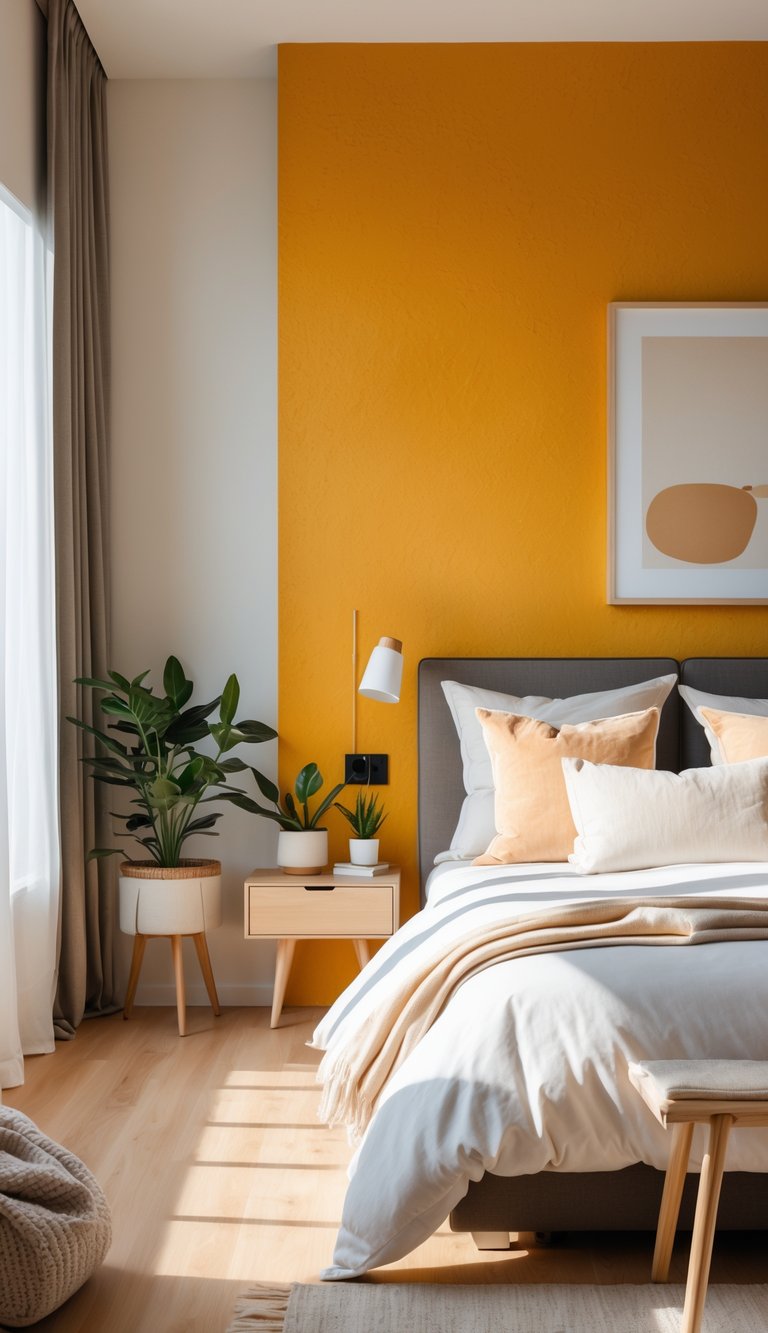 A bedroom with a bold marigold accent wall behind a neatly made bed with white linens and wooden nightstands.