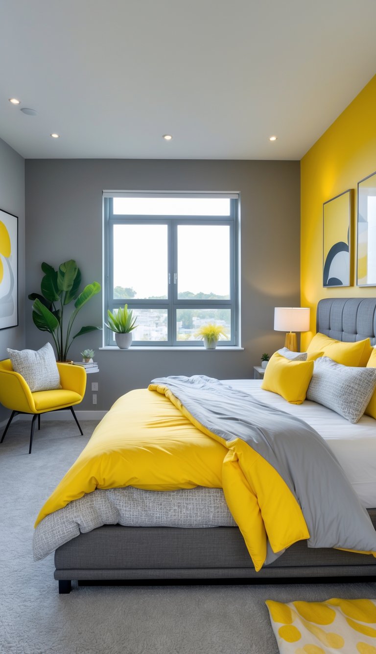 A bedroom with a bed, pillows, a bedside lamp, and large windows letting in natural light.