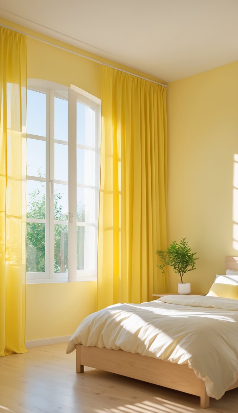 A bedroom with sunshine yellow curtains and natural light filling the room.