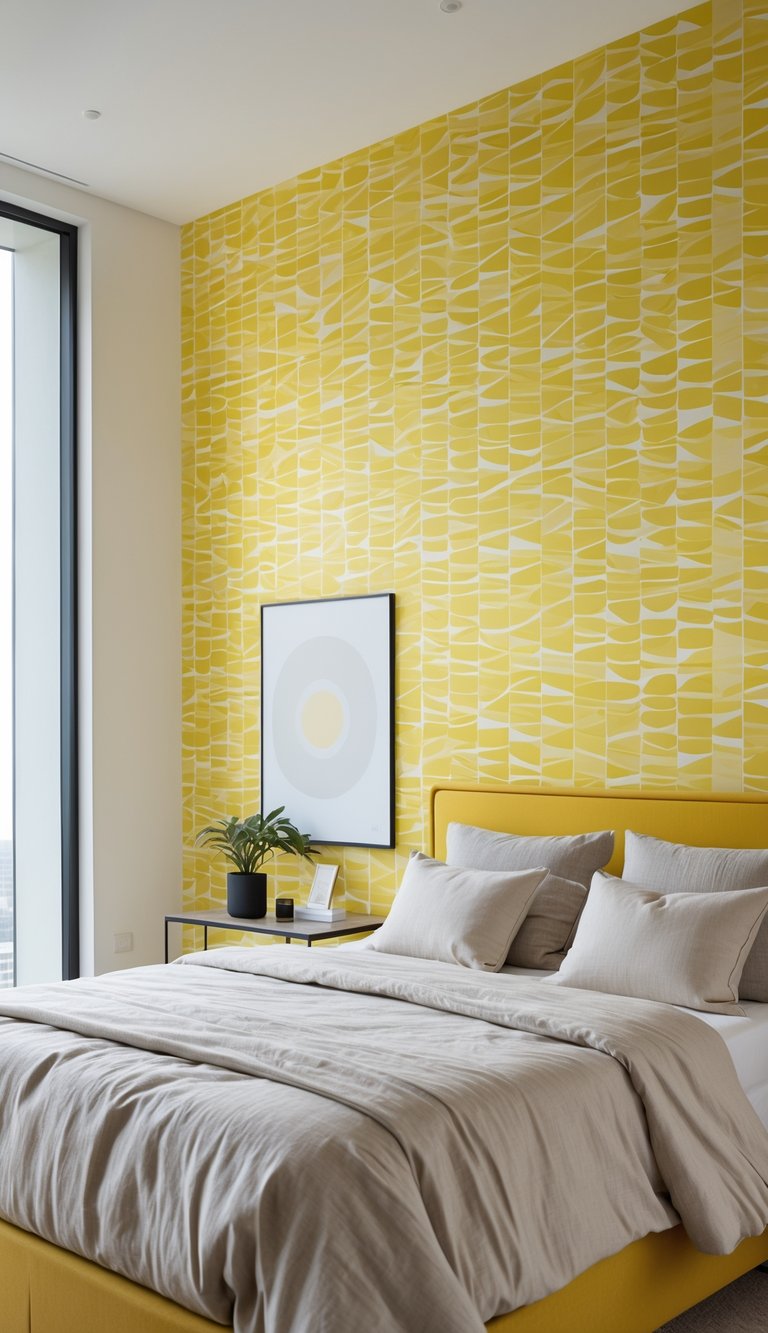 A bedroom with yellow geometric patterned wallpaper, a bed, and simple furniture.