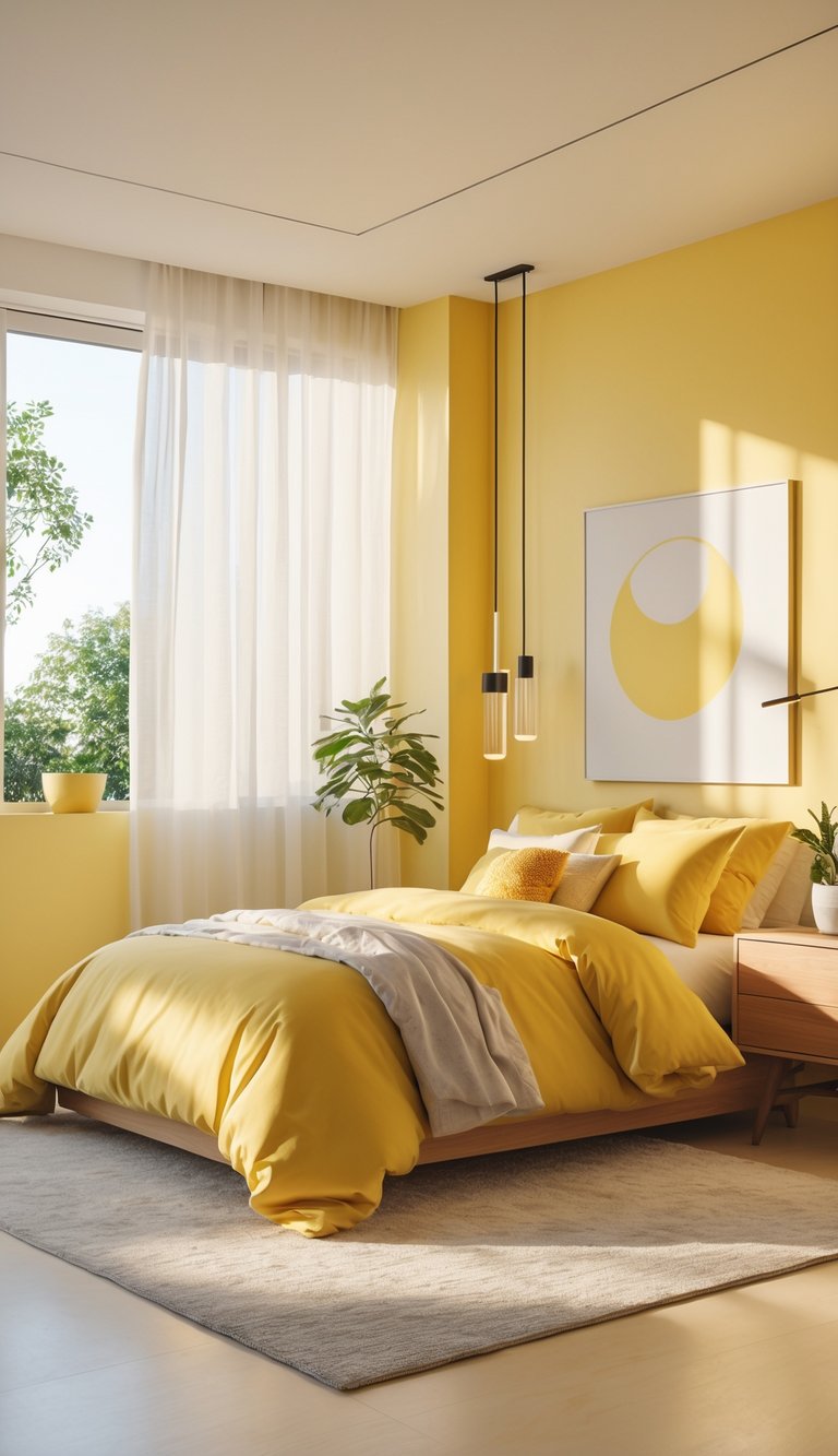 A yellow bedroom with a bed, nightstand, plant, and large windows letting in natural light.
