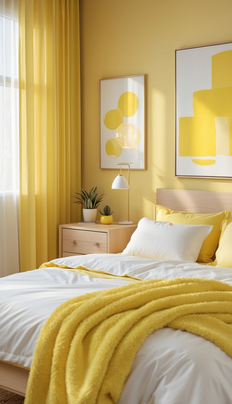 A cozy bedroom with yellow walls, a neatly made bed with yellow and white linens, wooden furniture, and soft natural light coming through sheer curtains.