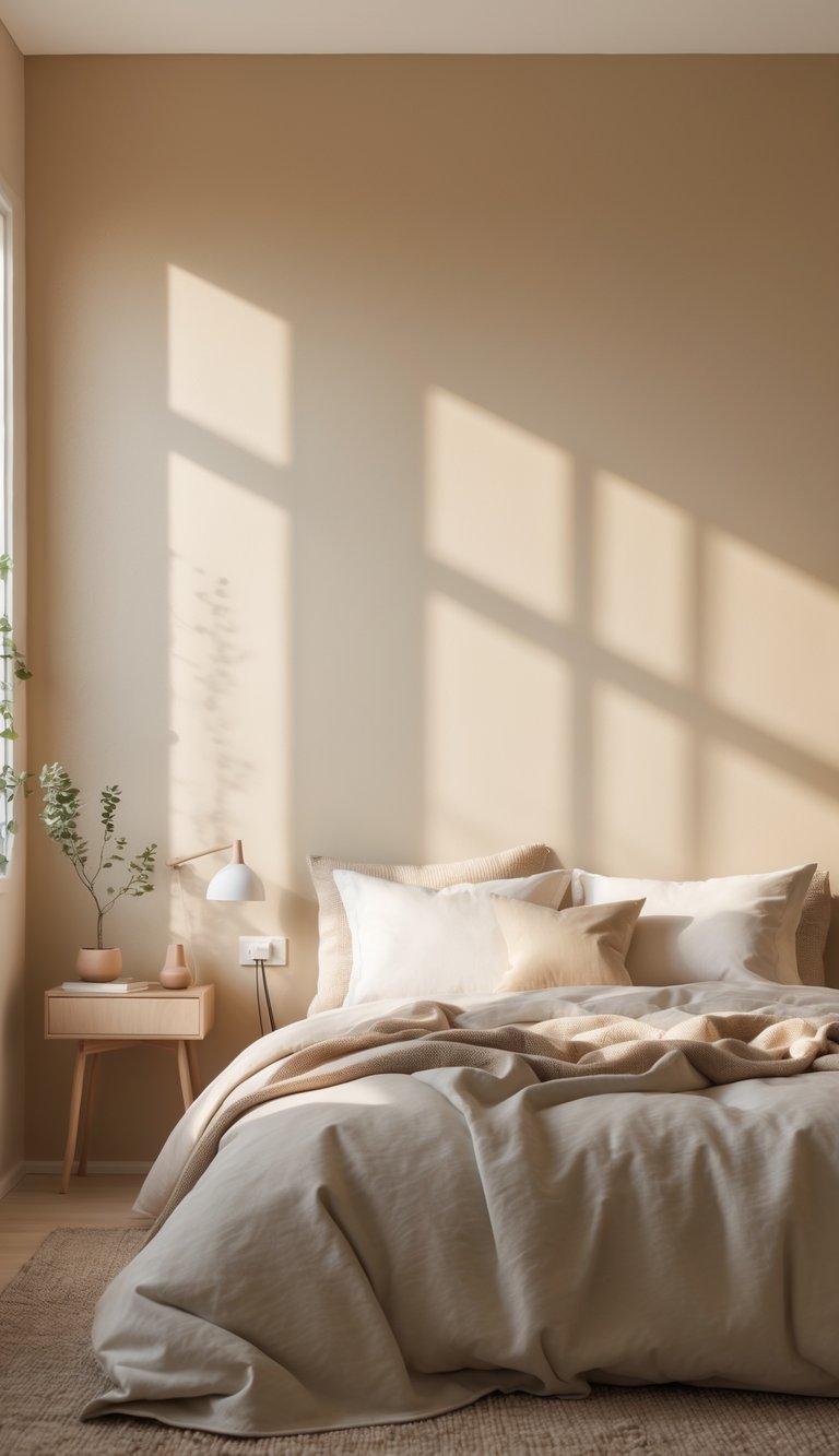 A bedroom with warm beige matte walls, a made bed, and simple furniture.