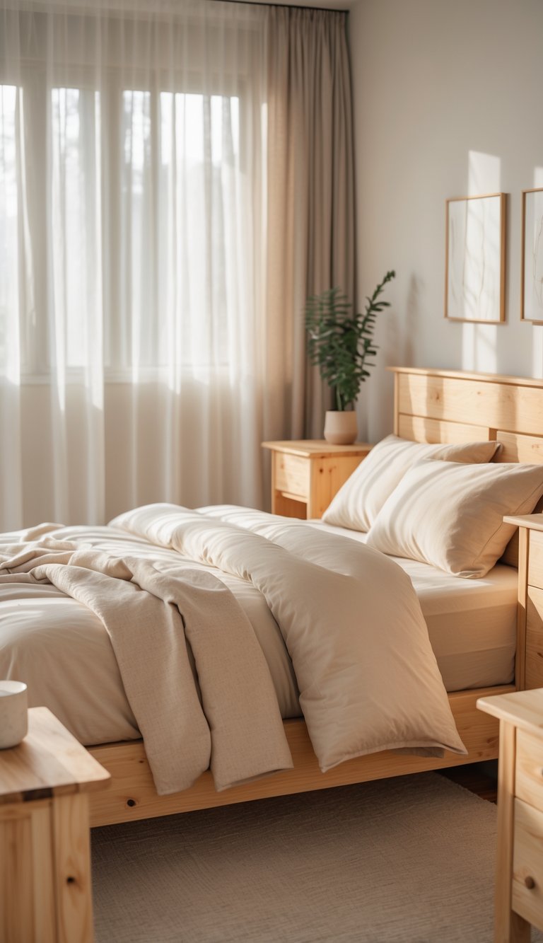 A bedroom with natural wood furniture and beige bedding illuminated by soft natural light.
