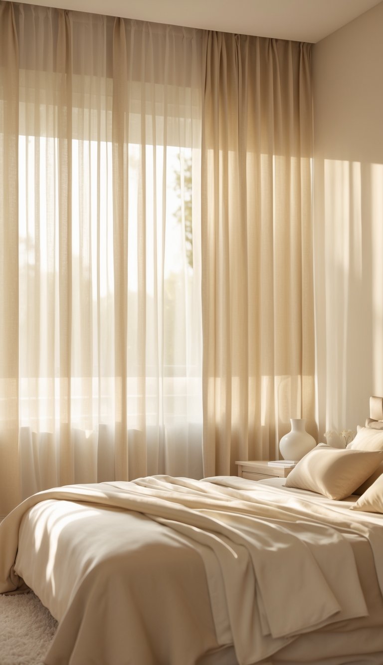 A beige bedroom softly lit by sunlight coming through sheer beige curtains.