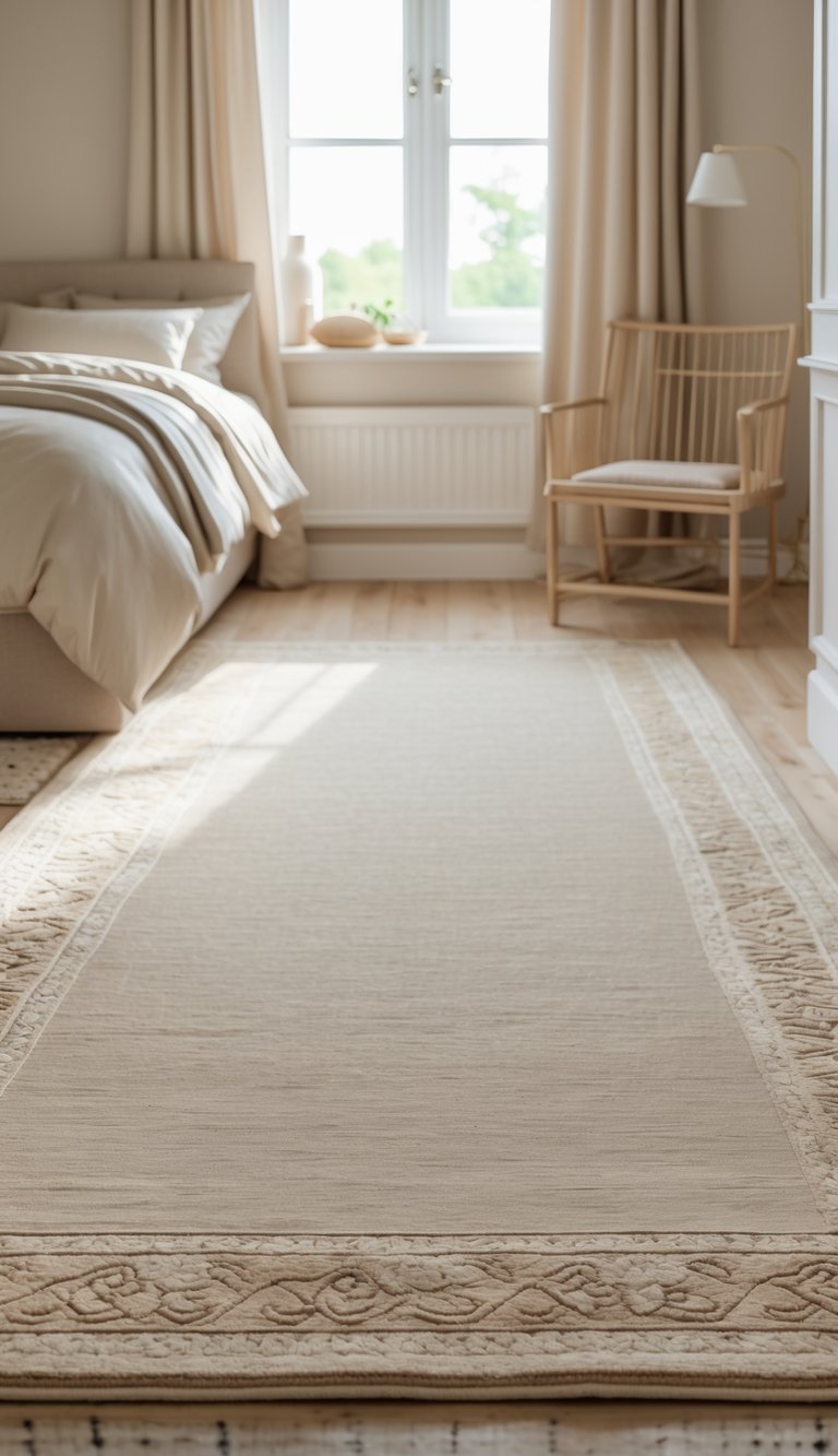 A bedroom with a beige area rug on the floor and a bed in the background.