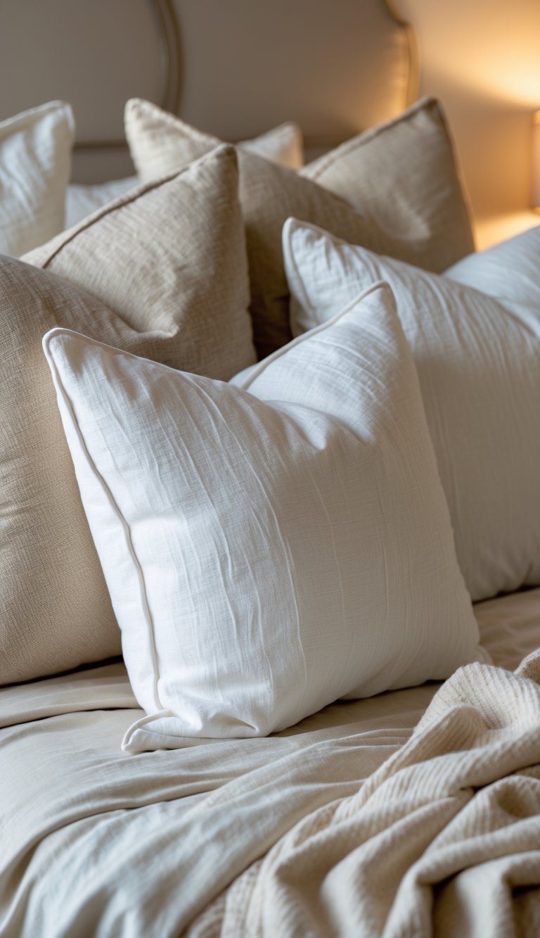 A bedroom with a bed decorated with beige and soft white throw pillows.