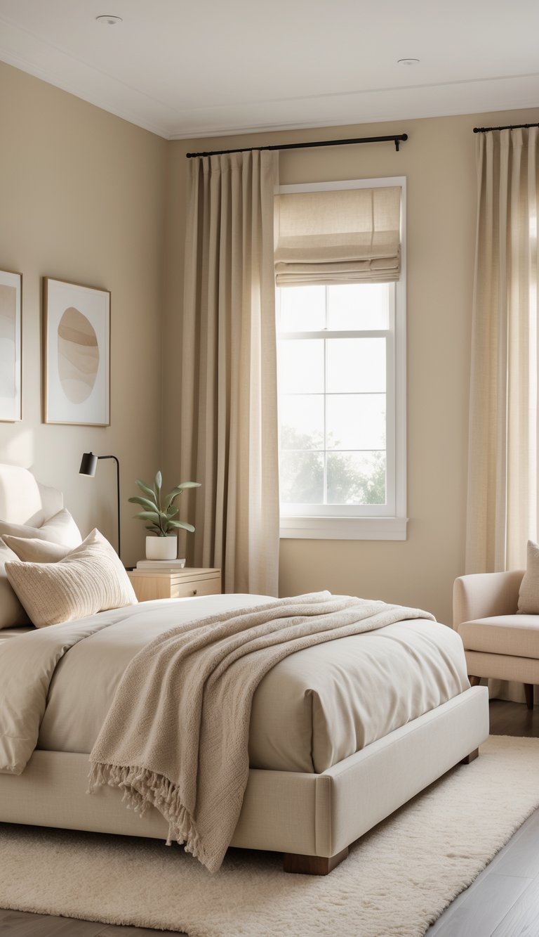 A beige bedroom with a bed, nightstand, armchair, and natural light coming through windows.
