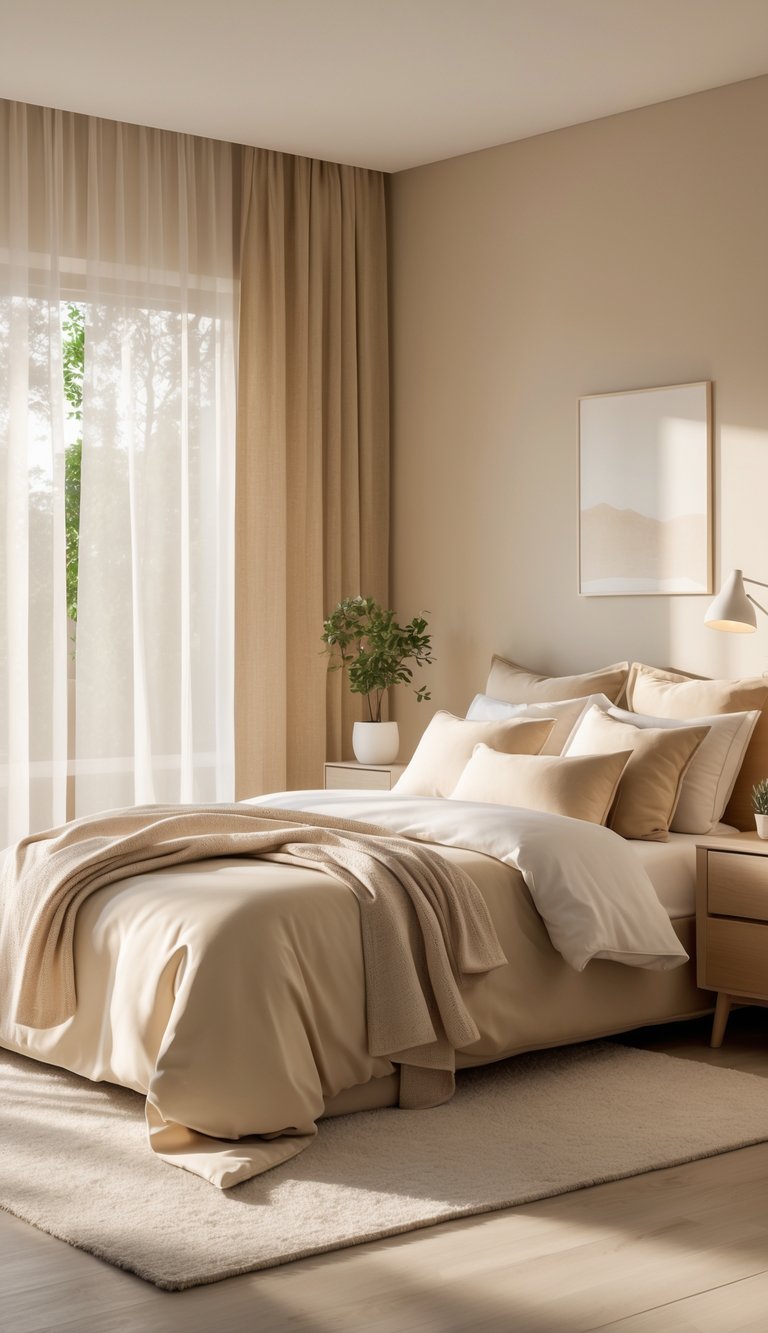 A beige bedroom with a neatly made bed, soft natural light, wooden furniture, and a peaceful atmosphere.